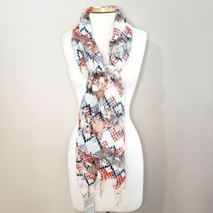 100% Silk Blue Red White Hand Loomed Hand Printed Scarf NWT